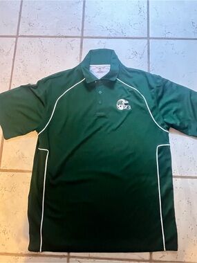 Men's Green Performance Polo w R football helmet logo and Riverbend on back